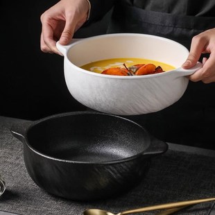 简约岩石纹陶瓷双耳汤碗防烫烤碗大容量碗泡面碗家用餐具大号面碗