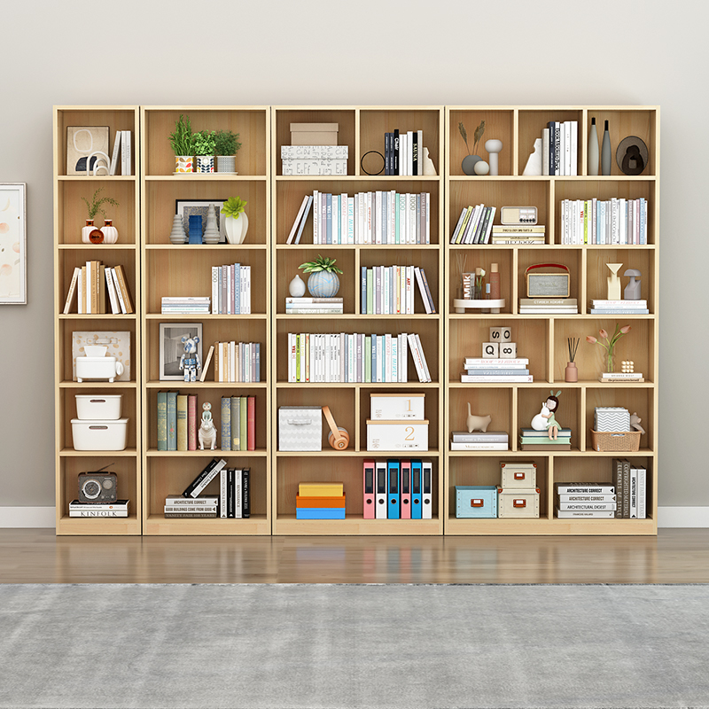 实木书柜书架组合松木整墙置物架落地绘本格子书房客厅一体靠墙柜