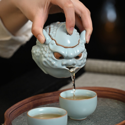 金蟾天青汝窑茶壶单壶手抓壶高端泡茶壶高档陶瓷创意搞怪宝瓶茶具