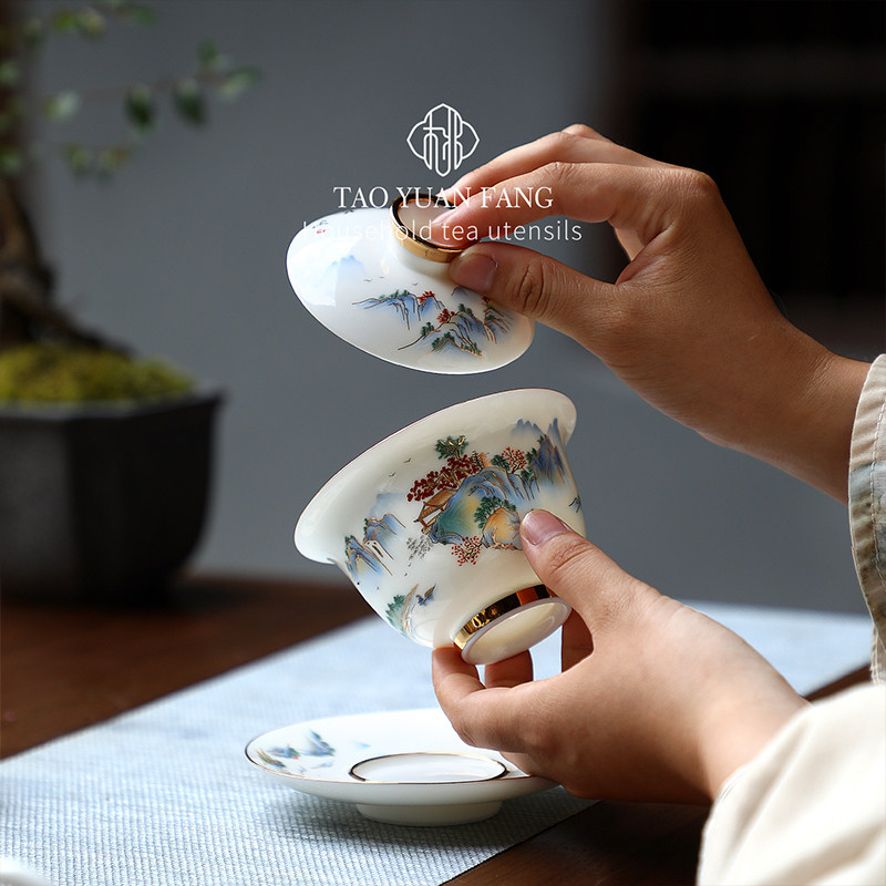 高端羊脂玉白瓷二才三才盖碗茶杯单个泡茶功夫茶具茶碗男女生精致