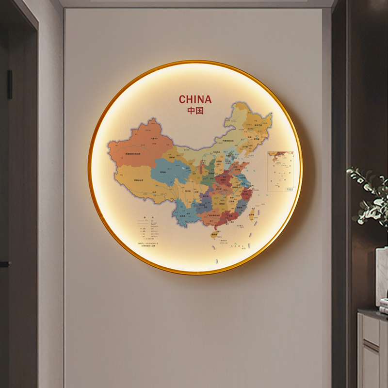 中国世界地图装饰画客厅背景墙圆形办公室书房现代高清发光挂画图片