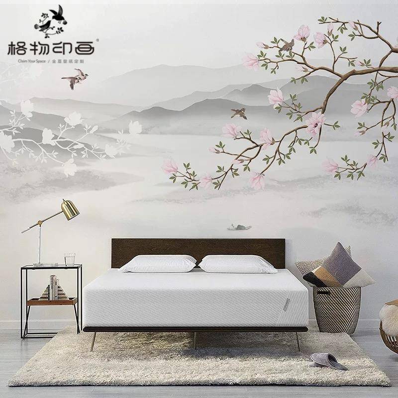 现代中式墨色山水装饰壁纸电视背景墙纸卧室意境壁画来图定制墙布