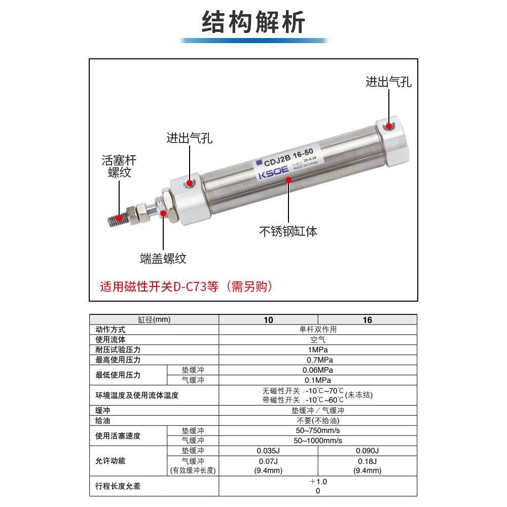 不锈钢迷你气缸CDJ2B小型笔型气缸CDJ2D10/16-5/10/15/20/30/50-B