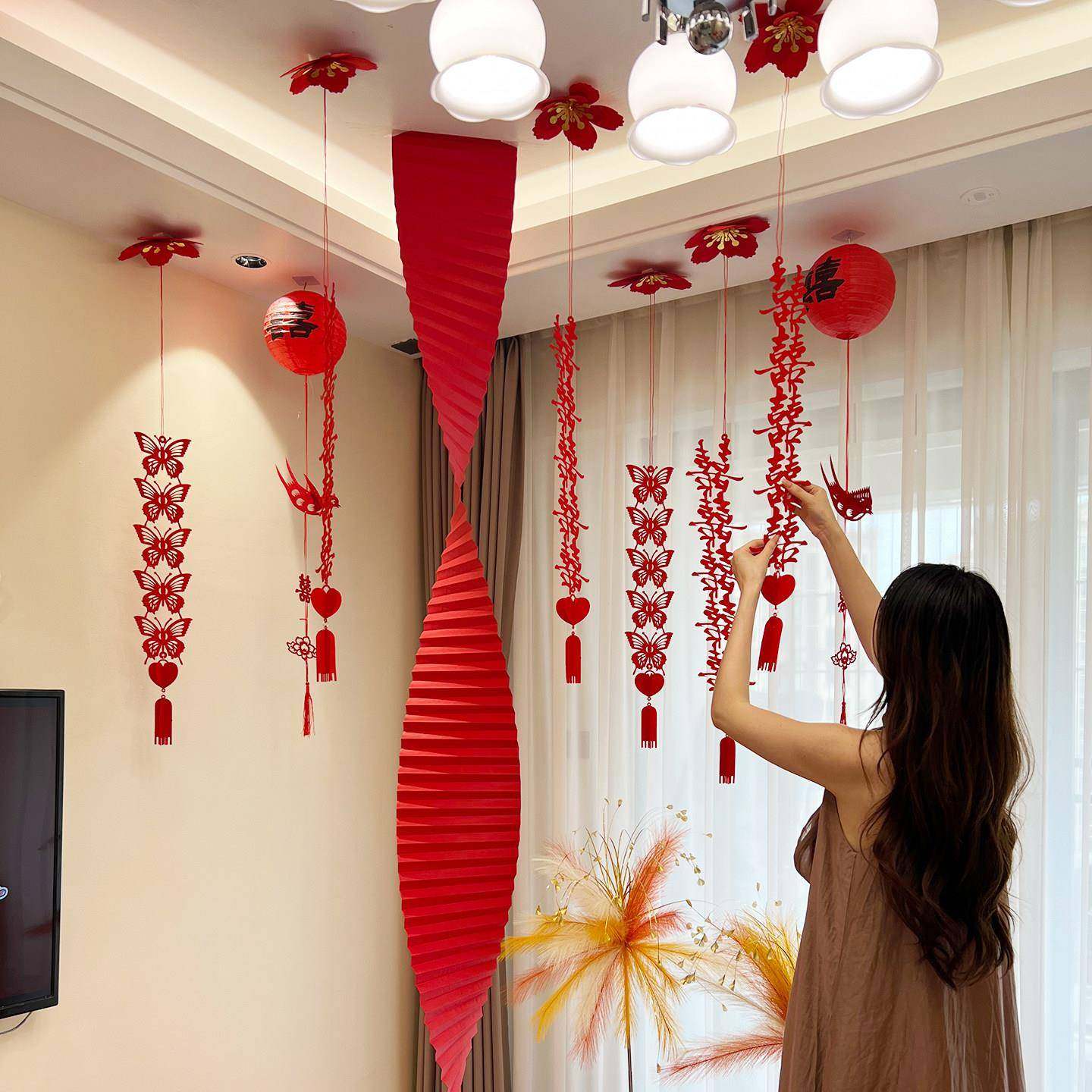 小红薯爆款婚房布置悬吊式天花板装饰喜字拉花男女方卧室屋顶结婚