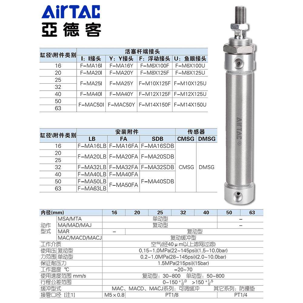 亚德客不锈钢迷你气缸MA16/20/25/32/40X25/50/75/100/150/200SCA