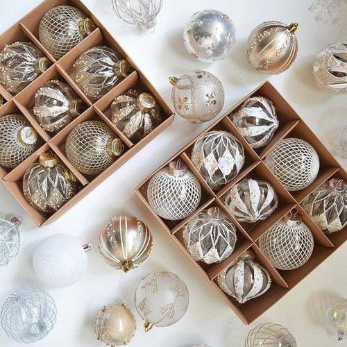 透明香槟色系套装球SwanLace珠片闪粉彩绘玫瑰金色白色圣诞树挂球