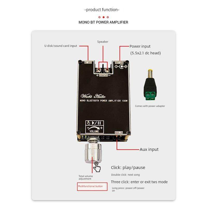 ZK-1001B 单声道100W蓝牙音频功放板模块带TWS对箱功能TPA3116
