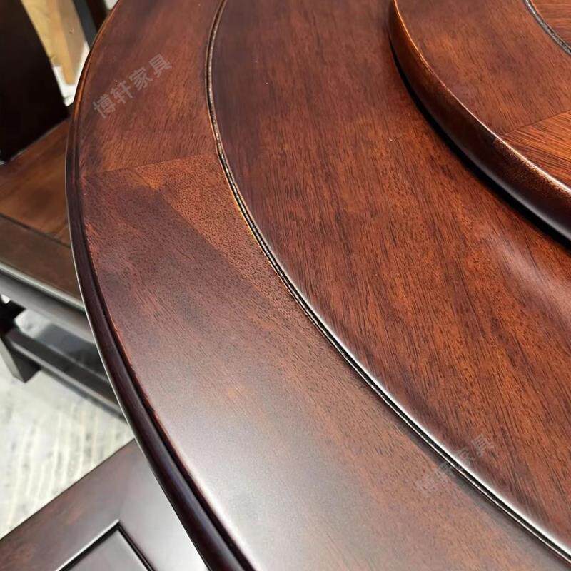 全实木印尼紫檀木中式餐桌椅组合雕花圆形红木大圆桌子带转盘家用