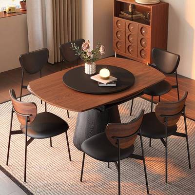 法式复古实木折叠餐桌伸缩可变圆桌2025新款家用小户型美式中古风