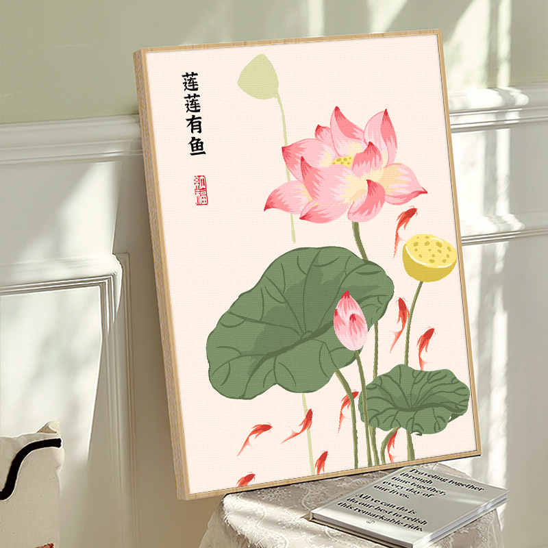 荷花数字油画diy客厅卧室简单手工填色画油彩装饰画画丙烯图片