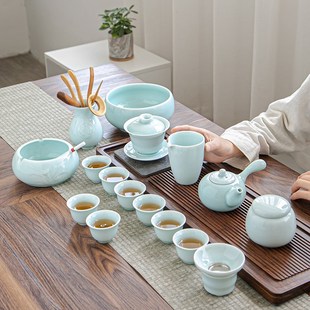 家用整套功夫茶具茶杯青瓷简约泡茶茶具陶瓷盖碗茶壶 茶具套装