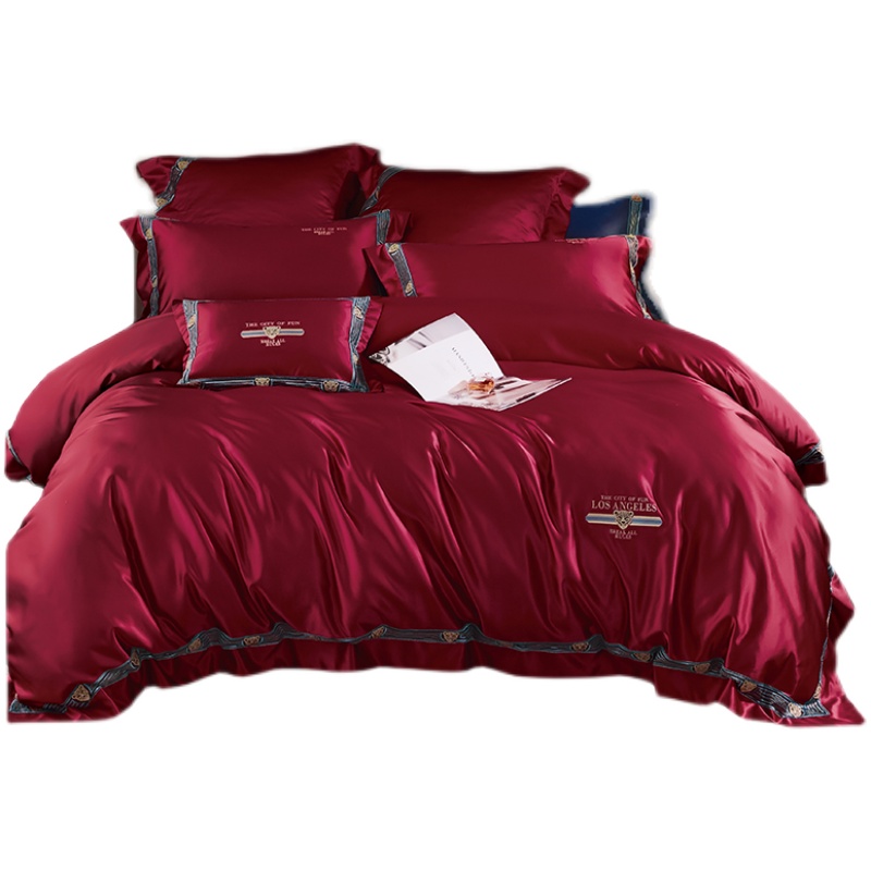 欧式奢华100支长绒棉刺绣四件套样板房红色婚庆床上用品多件套