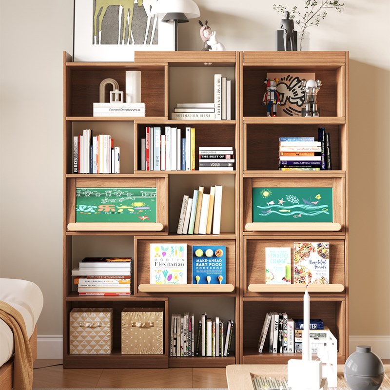 实木书柜可伸缩书架小户型展示柜落地家用收纳置物储物柜简约立柜