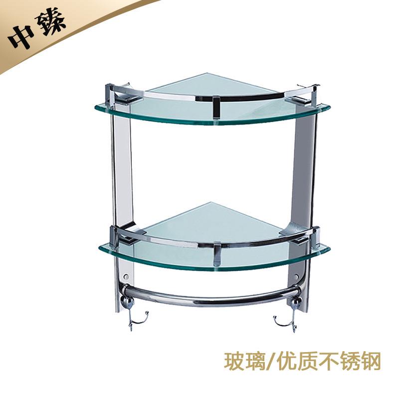 双层玻璃三角架加厚角架转角置物架卫生间浴室不锈钢带毛巾杆挂钩