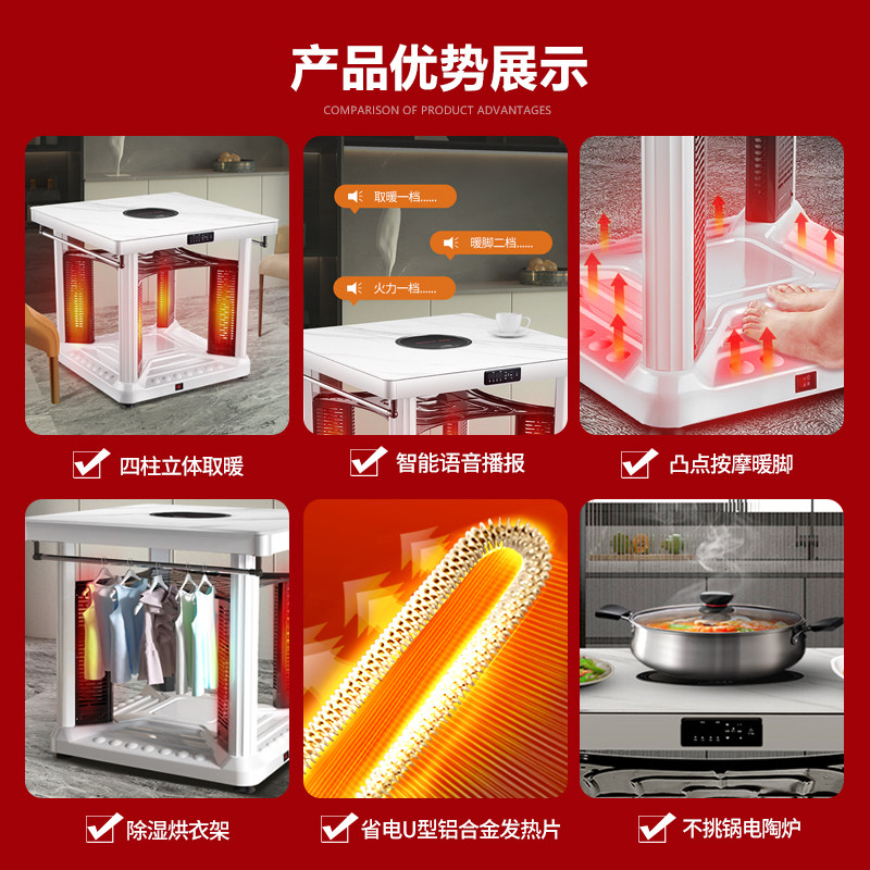 取暖桌电暖桌正方形电暖炉家用客厅多功能四面烤火电烤炉烤火桌子
