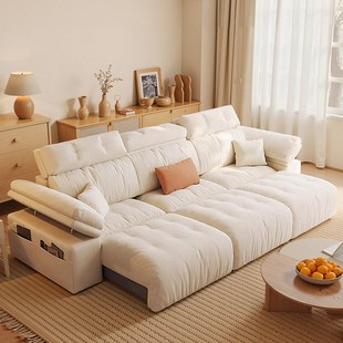 电动多功能沙发床客厅猫抓磨砂布小户型奶油风可伸缩直排布艺沙发