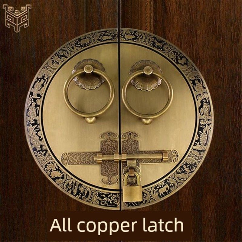 中式彷古实木大门纯铜门栓门闩门环别墅庭院覆古辅首门锁插销把手
