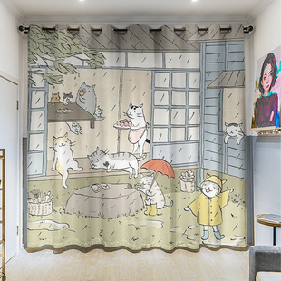 卧室客厅挂钩遮光打孔窗帘布 浮世绘猫咪卡通定制粗麻长帘插画个性