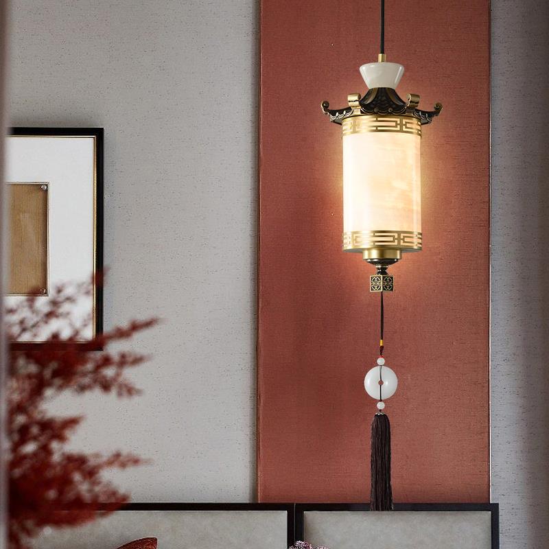全铜云石轻奢现代创意客厅新中式卧室床头小吊灯长线吧台餐厅灯具
