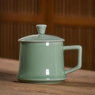 青瓷茶杯家用礼品中式陶瓷带盖杯子办公会议女士个人水杯足浴定制