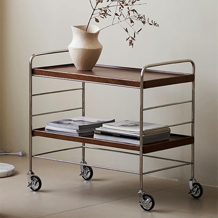 极简不锈钢实木小茶几可移动边几推车客厅沙发边角几边柜金属餐车
