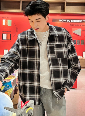 日系黑白格子衬衫复古港味春秋装薄款中长款长袖宽松外套男款