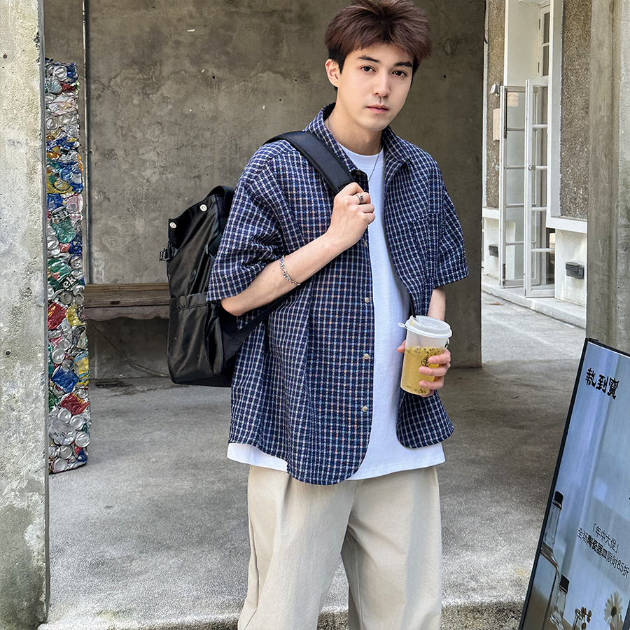 藏青泡泡棉格子短袖衬衫男生2025新款夏季百搭宽松休闲衬衣纯棉