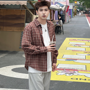 休闲宽松衬衣黑格子长袖衬衫男生慵懒风垂感春秋季韩版上衣外套