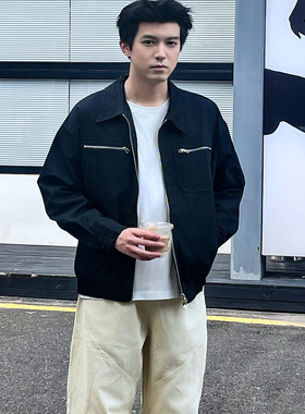 零界素美式纯棉短款松紧腰翻领黑色工装夹克男休闲百搭宽松外套秋
