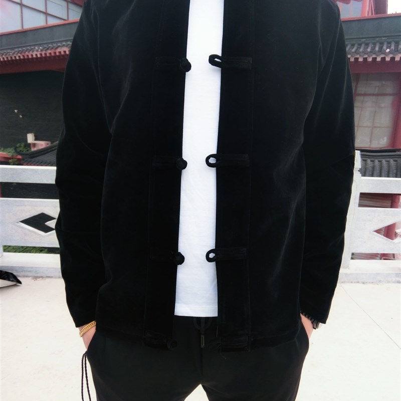 皇家男爵v春秋冬男中国风薄棉服复古唐装盘扣黑色金丝绒外套夹克