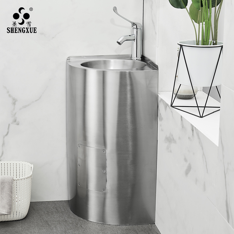 圣雪不锈钢立柱盆洗脸盆家用落地式三角洗手盆转角阳台卫生间简易