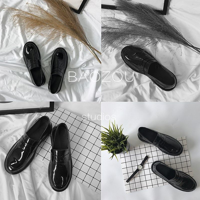 抱走推土机潮流韩版百搭漆皮亮面男女四季黑色简约套脚休闲皮鞋