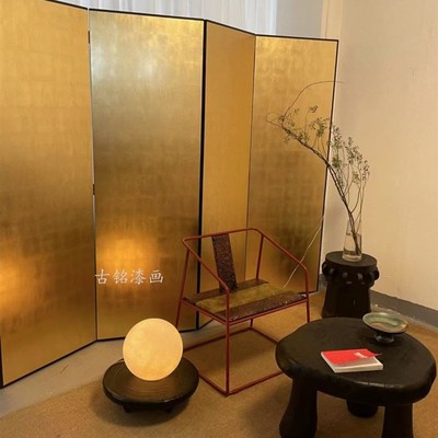 日式手绘漆画空白素金箔屏风客厅隔断茶室办公室摄影道具屏风定