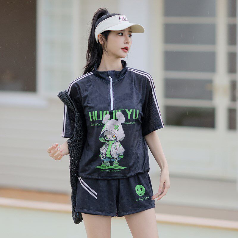 大码泳衣女款泳衣三件套分体平角成人泡温L泉可爱卡通微胖女孩遮