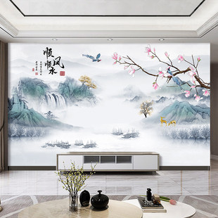 新中式电视背景墙壁布3d立体壁画 画客厅山水画 画壁纸影视墙布定