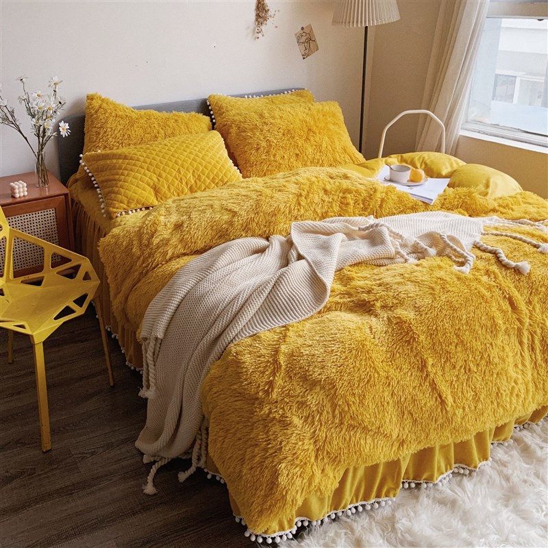 冬季白色水貂绒床上四件套公主风被套长毛绒双面R水晶绒夹棉床裙