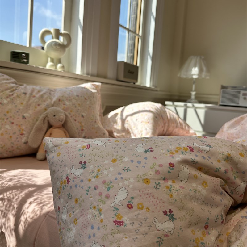 韩系可爱花园粉小兔双层纱床上四件套全棉1J.5m1.8公寓被套三件套