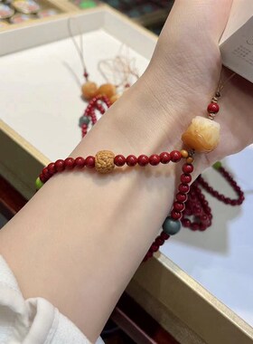 原矿朱砂搭配菩l提根醒狮手机挂绳 防丢失女款手链手机绳
