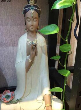 石湾陶瓷公仔静坐观音工艺礼精品中式家居门客厅人物菩萨禅游摆件