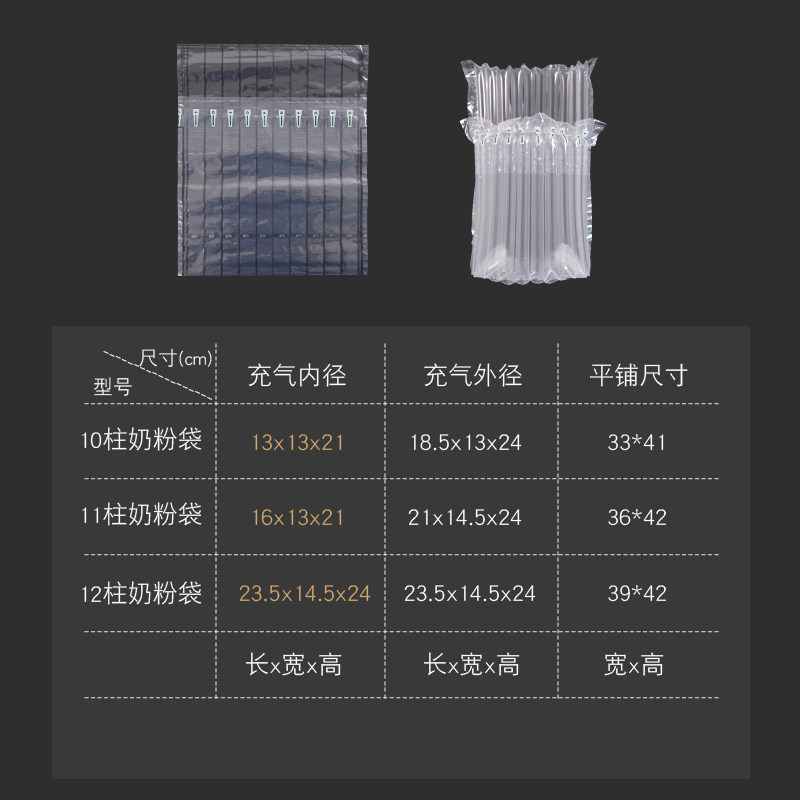 10柱奶粉气柱袋气囊防震缓冲包装防爆罐气泡袋充气袋气泡柱缓冲袋