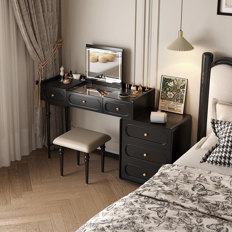 法式覆古实木翻盖化妆台斗柜一体现代简约卧室高级感黑色化妆台桌