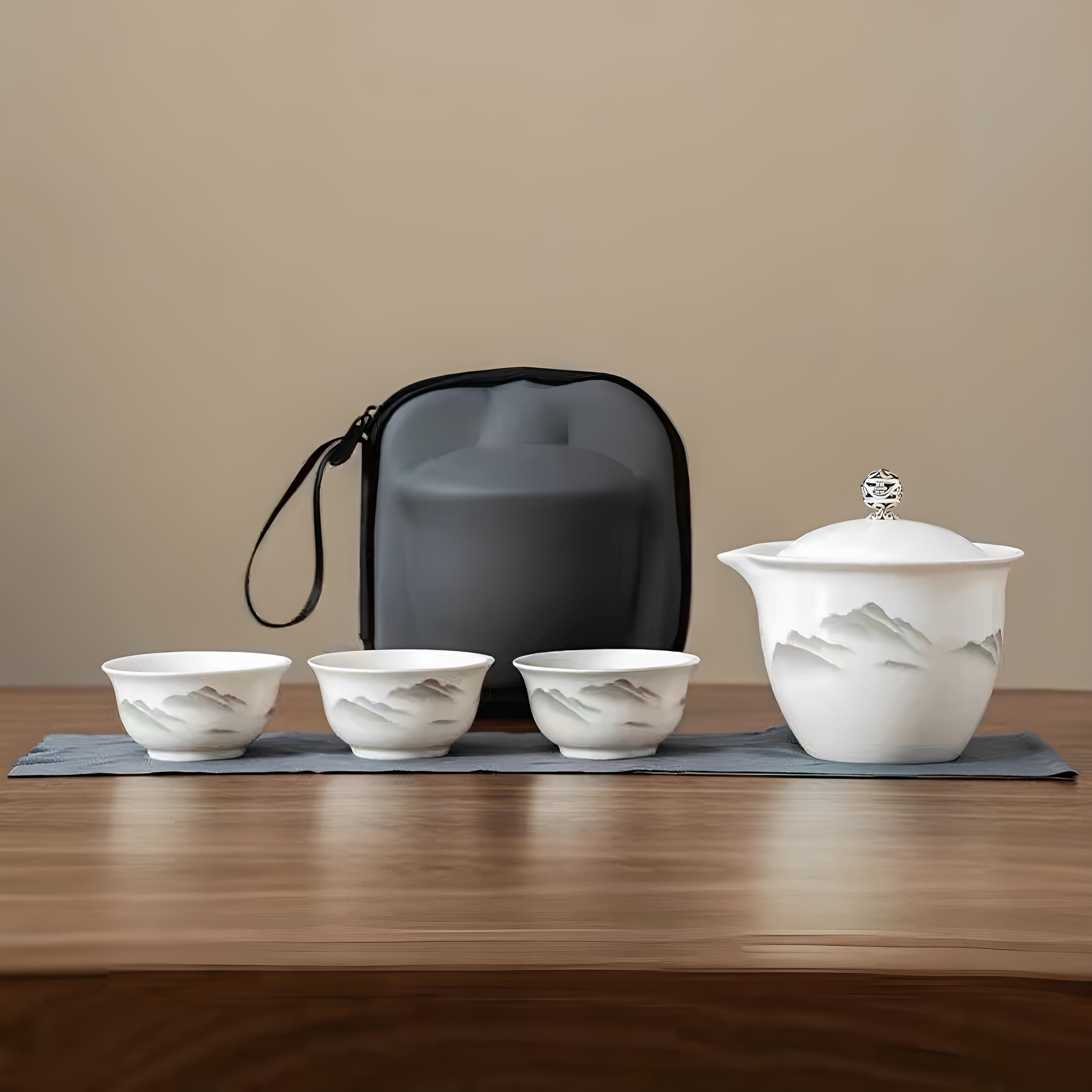 便携式旅行茶具白瓷远山快杯一壶三杯户外便携式功夫茶杯