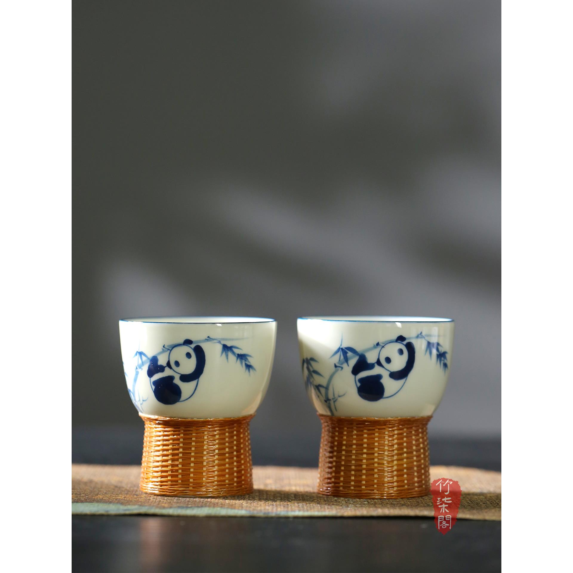 手绘熊猫大师杯非物质文化遗产瓷竹编高茶杯家用陶瓷茶杯礼品