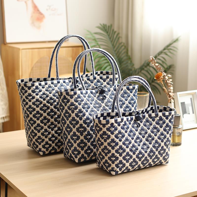 彷藤编织手提包ins风逛街购物篮 户外沙滩野餐手拎菜篮子塑料编织