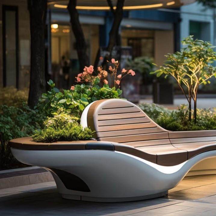 城市公共智能长座椅公园学校医院酒店休息椅氛围灯玻璃钢户外坐凳