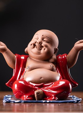 创意弥勒佛陶瓷招财o大肚笑佛小摆件家居玄关桌面装饰品茶道小摆