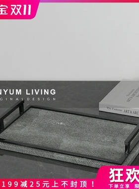 北欧创意长方形墨k绿皮革托盘金属把手软装饰品桌面收纳置物盘摆