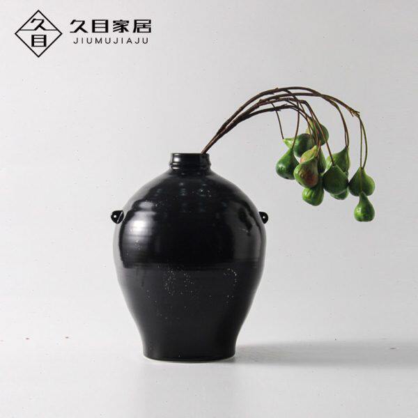 新中式样板间黑色陶瓷花瓶创意大肚小口干花器客厅玄关装饰品摆件