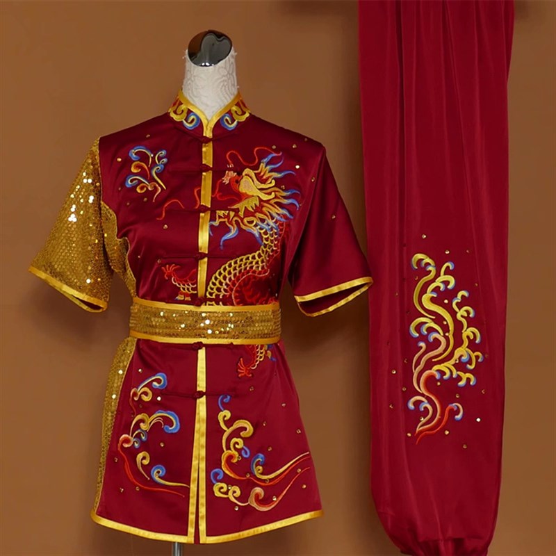 新款武术服真丝绸刺绣龙练功表演服演出比赛长拳南拳成.人儿童彩