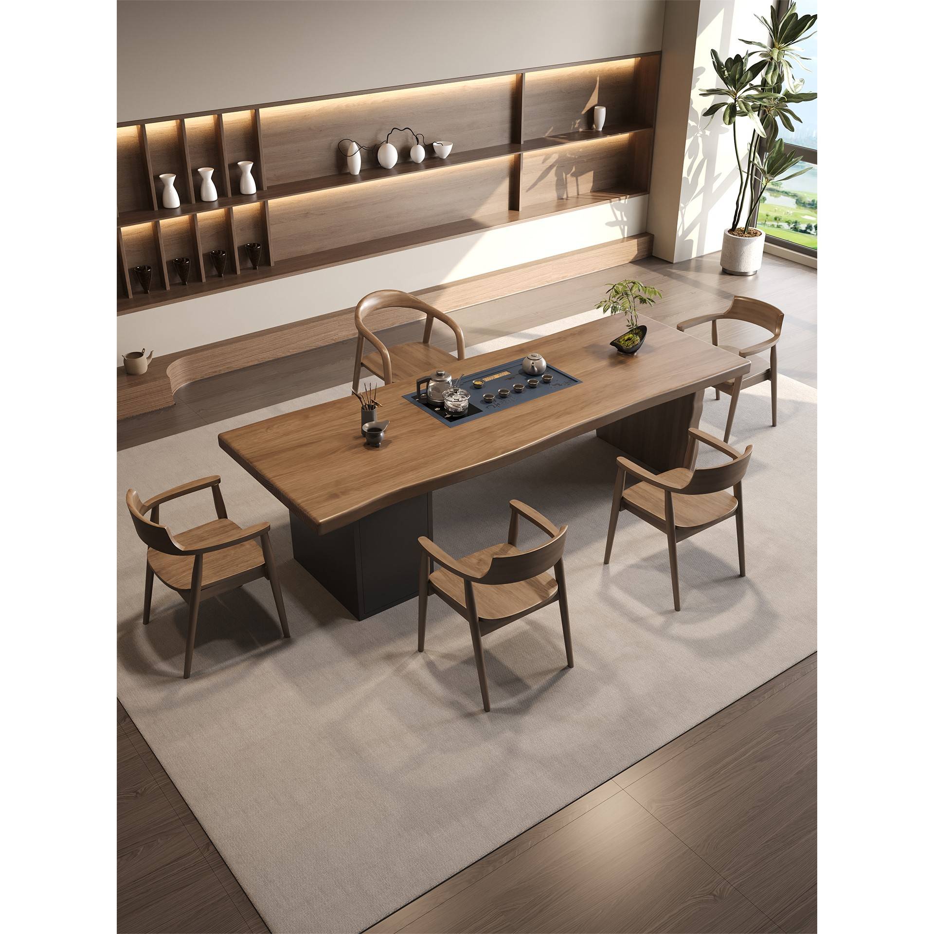 需定制中古风实木茶台办公家用客厅泡茶烧水茶盘一体会客商用茶桌